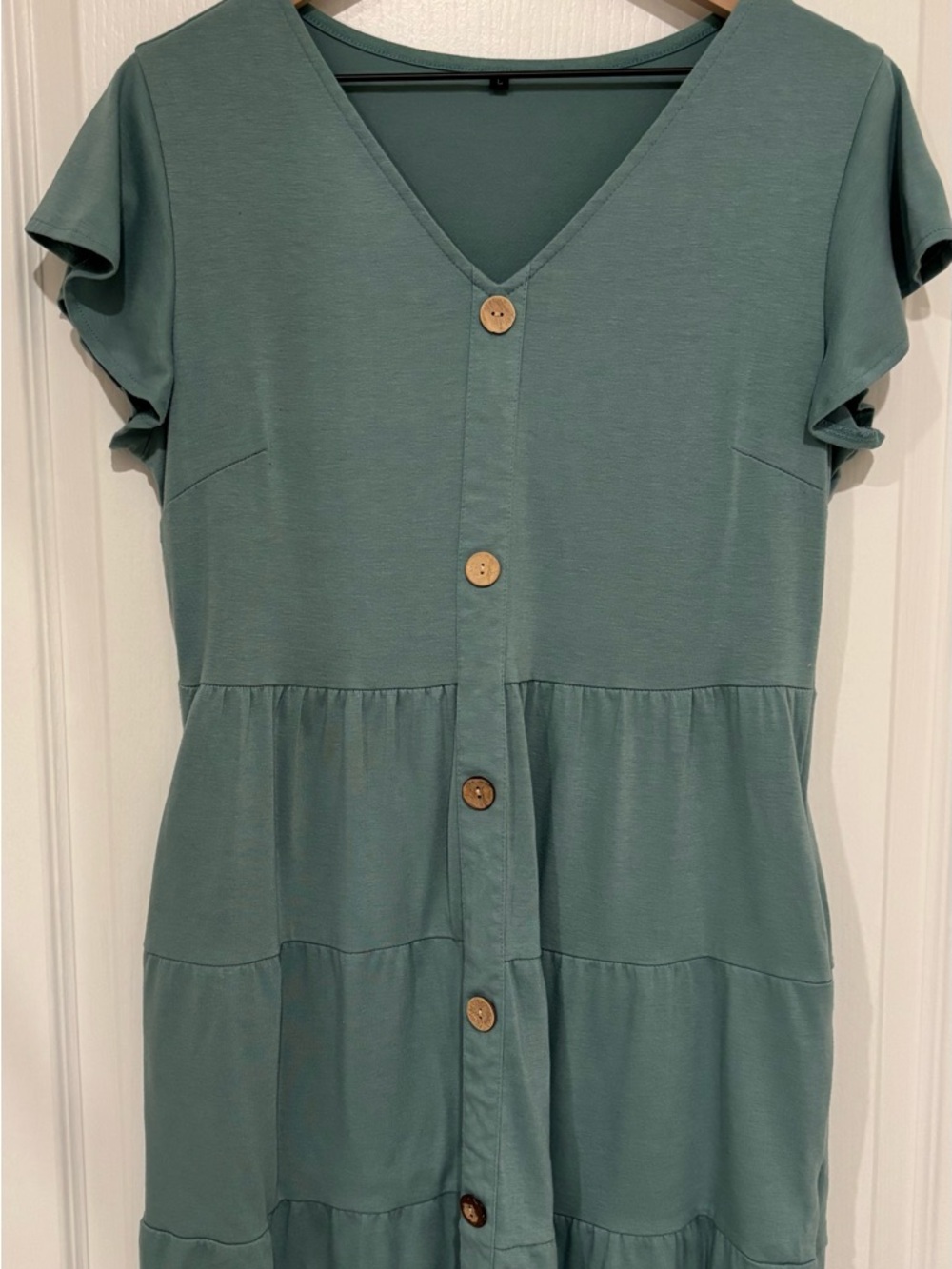 Button-Front V-Neck Tiered Dress in Sage Green